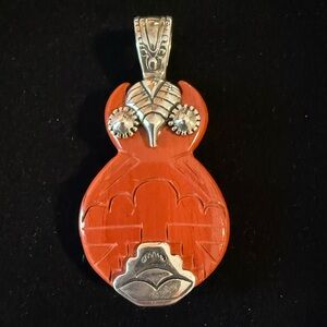 Rare Vintage Carolyn Pollack Red Jasper & Sterling Silver Owl Pendant
